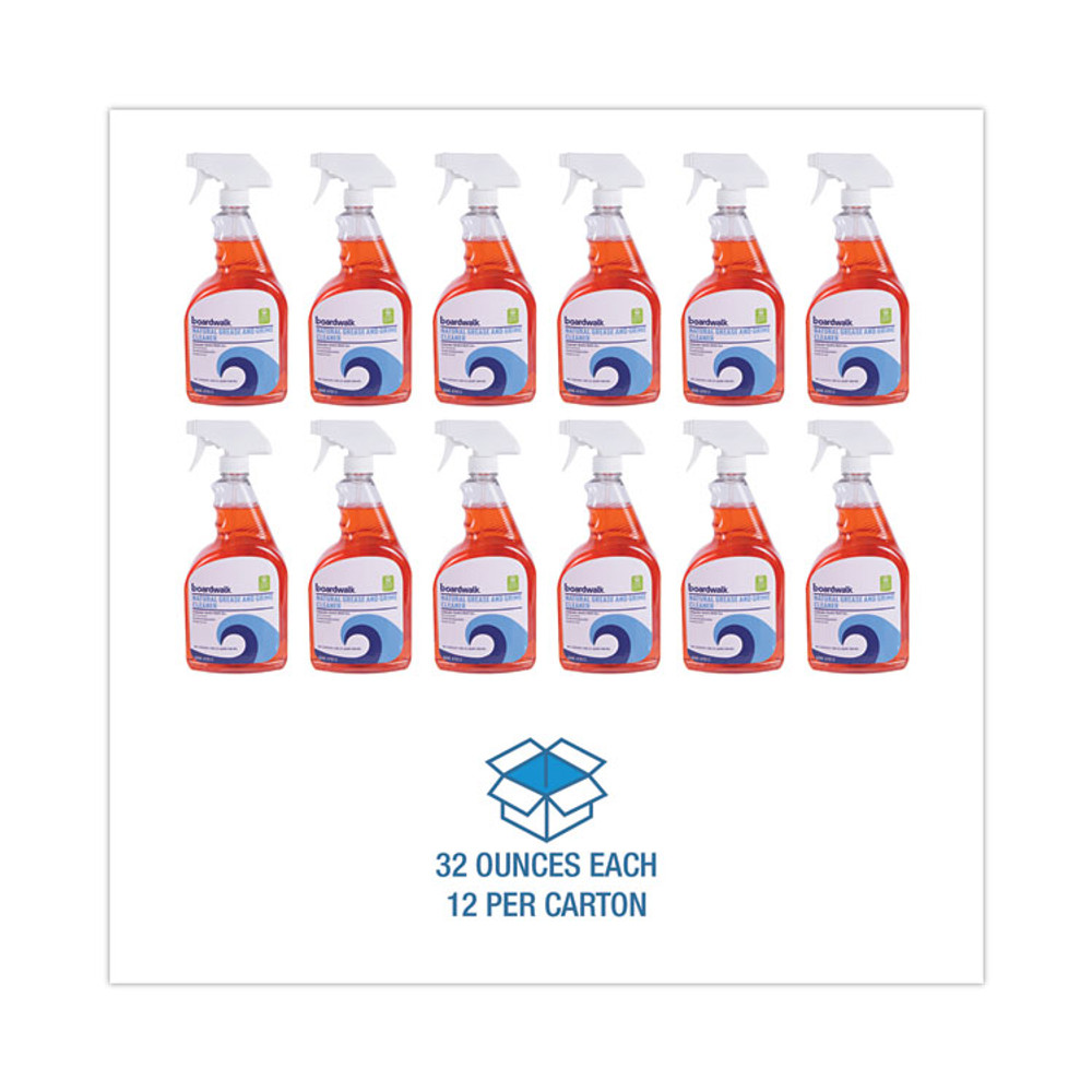 BOARDWALK 47612 Natural Grease and Grime Cleaner, Unscented, 32 oz Spray Bottle, 12/Carton