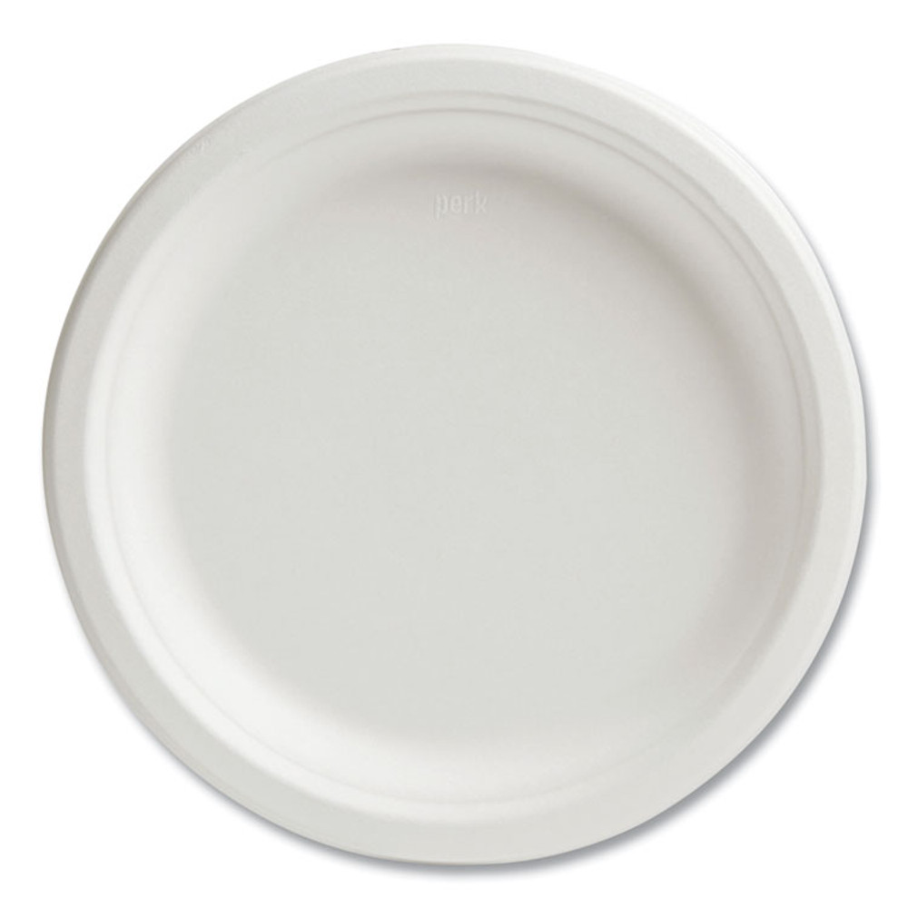 PERK 61287 PFAS-Free Compostable Bagasse Plates, Sugarcane, 9" dia, White, 250/Pack