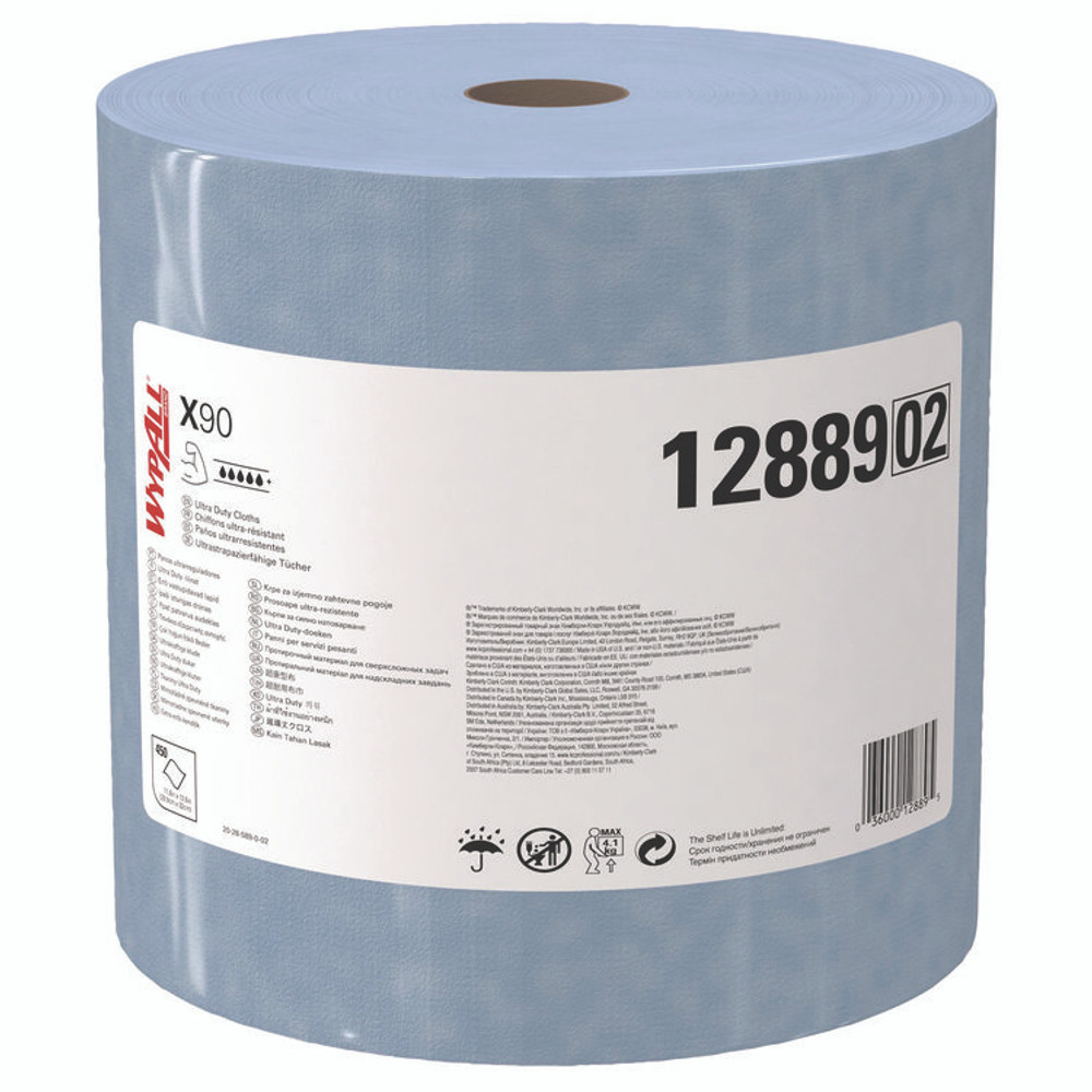KIMBERLY-CLARK PROFESSIONAL WypAll® 12889 X90 Cloths, Jumbo Roll, 2-Ply, 12.4 x 12.2, Blue Denim, 450/Roll
