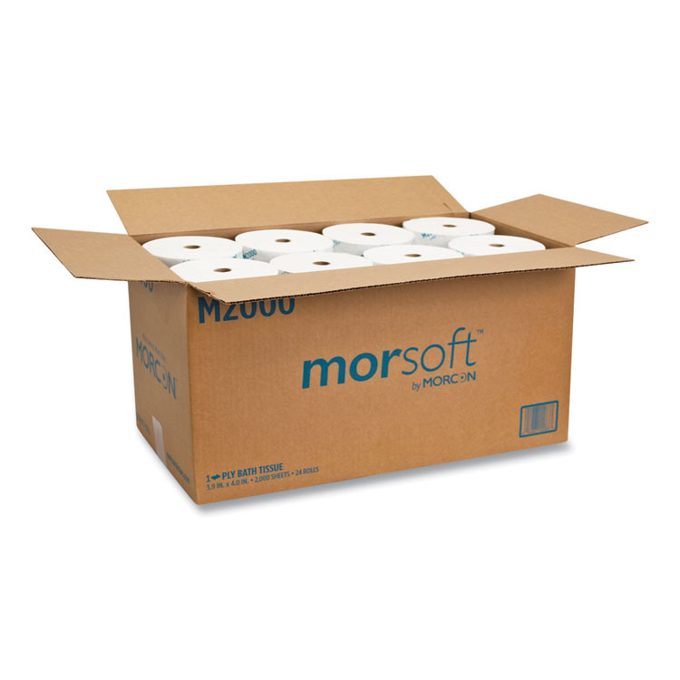 MORCON Tissue M2000 Small Core Bath Tissue, Septic Safe, 1-Ply, White, 2,000 Sheets/Roll, 24 Rolls/Carton