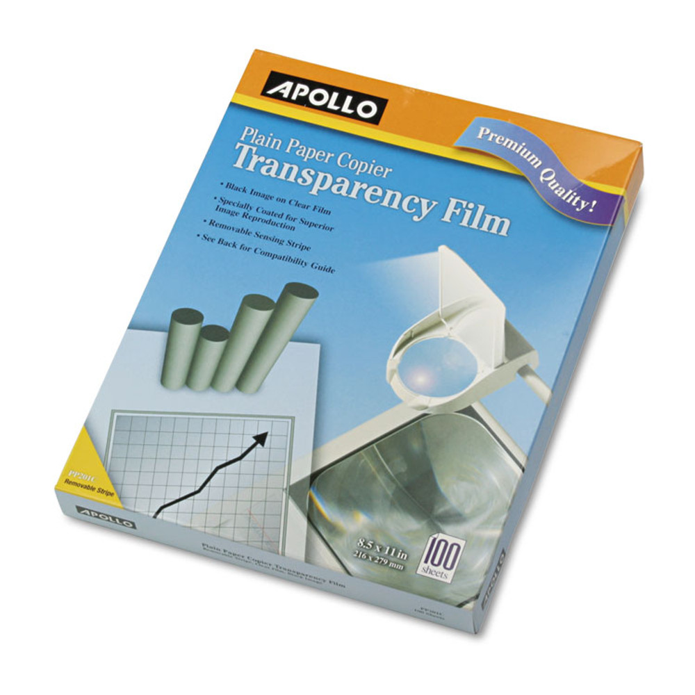 APOLLO AUDIO VISUAL PP201C Plain Paper Laser Transparency Film with Handling Strip, 8.5 x 11, Black on Clear, 100/Box