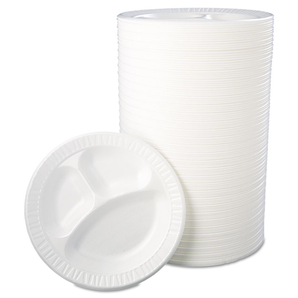 DART 10CPWQR Quiet Class Laminated Foam Dinnerware, 3-Compartment Plate, 10.25" dia, White, 125/Pack, 4 Packs/Carton