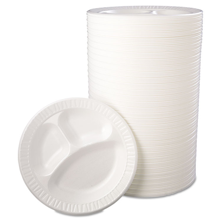 DART 10CPWQR Quiet Class Laminated Foam Dinnerware, 3-Compartment Plate, 10.25" dia, White, 125/Pack, 4 Packs/Carton