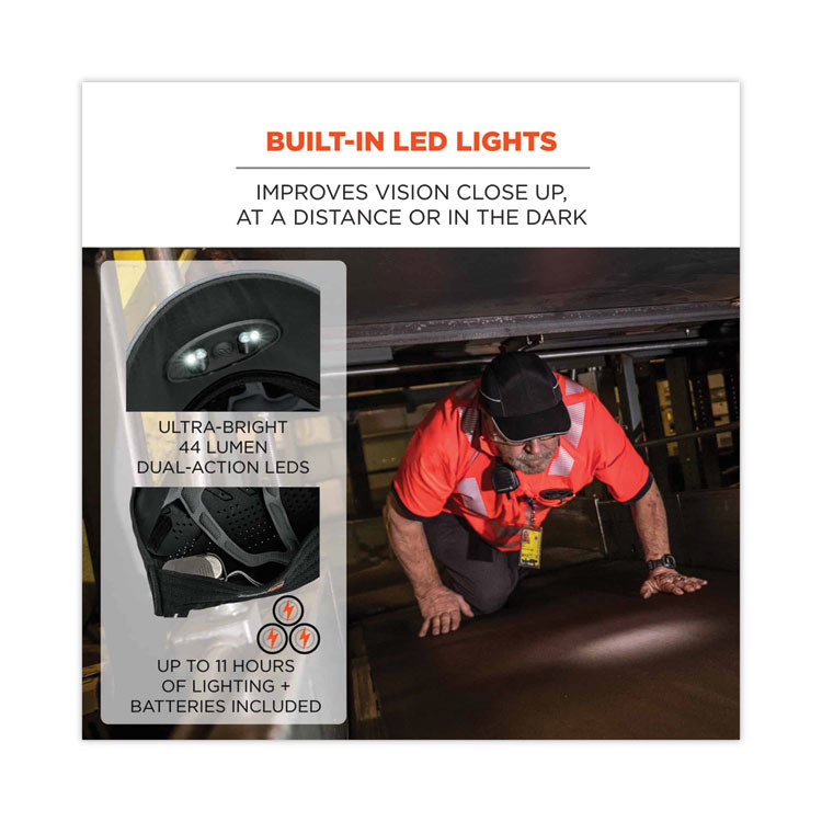 TENACIOUS HOLDINGS, INC. ergodyne® 23369 Skullerz 8965 Lightweight Bump Cap Hat with LED Lighting, Long Brim, Black