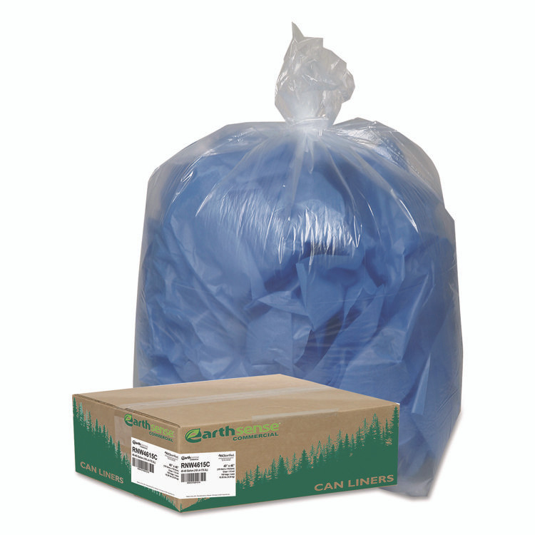 WEBSTER INDUSTRIES Earthsense® Commercial RNW4615C Linear Low Density Clear Recycled Can Liners, 45 gal, 1.5 mil, 40" x 46", Clear, 10 Bags/Roll, 10 Rolls/Carton