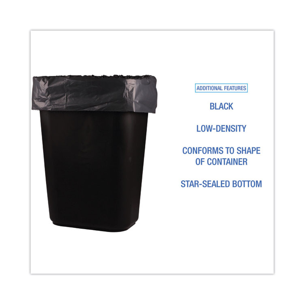 BOARDWALK 510 Low-Density Waste Can Liners, 16 gal, 1 mil, 24" x 32", Black, Perforated Roll, 10 Bags/Roll, 15 Rolls/Carton
