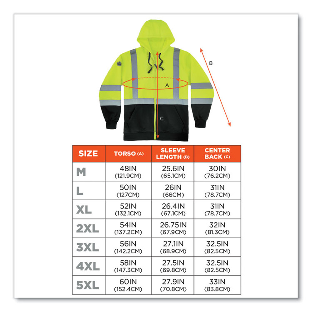 TENACIOUS HOLDINGS, INC. ergodyne® 21846 GloWear 8372 ZipUp HiVis Class 3 Zip Hooded Sweatshirt with Black Bottom, Polar Fleece, Lime, 2X-Large