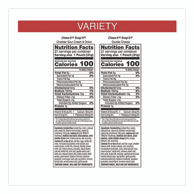 KEEBLER COMPANY Cheez-It® 11500 Snap'd Crackers Variety Pack, Cheddar Sour Cream and Onion; Double Cheese, 0.75 oz Bag, 42/Carton