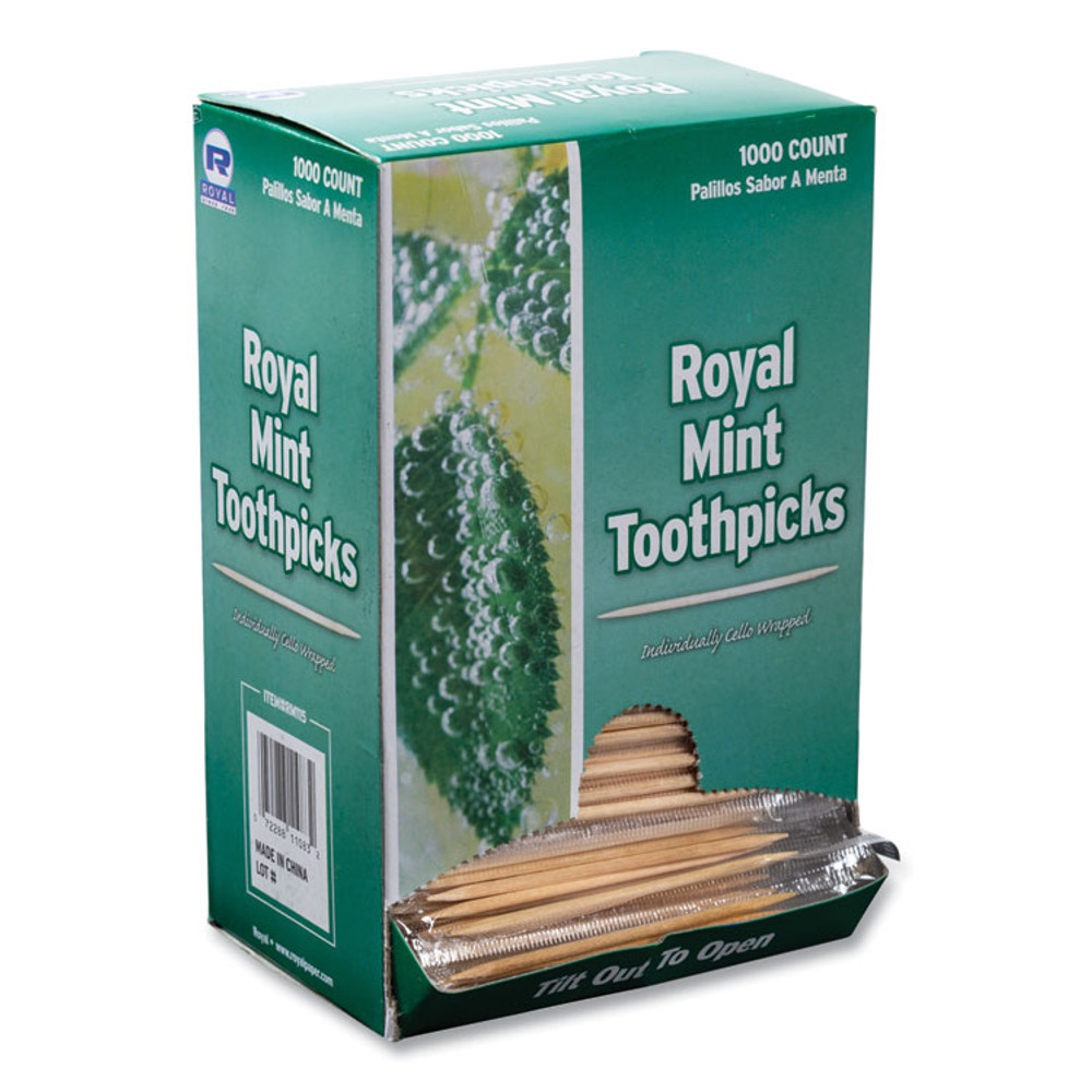 AMERCAREROYAL RM115 Cello-Wrapped Round Wood Toothpicks, Mint, 2.5", Natural, 1,000/Box, 15 Boxes/Carton