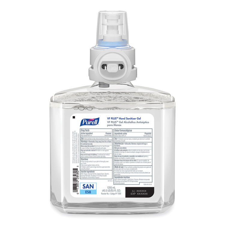 GO-JO INDUSTRIES PURELL® 709902CT VF PLUS Hand Sanitizer Gel, 1,200 mL Refill Bottle, Fragrance-Free, For ES8 Dispensers, 2/Carton