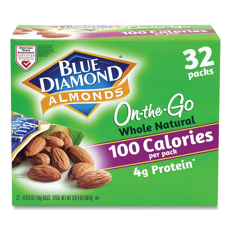 BLUE DIAMOND GROWERS 22000512 Whole Natural Almonds On-the-Go, 0.63 oz Pouch, 32 Pouches/Carton