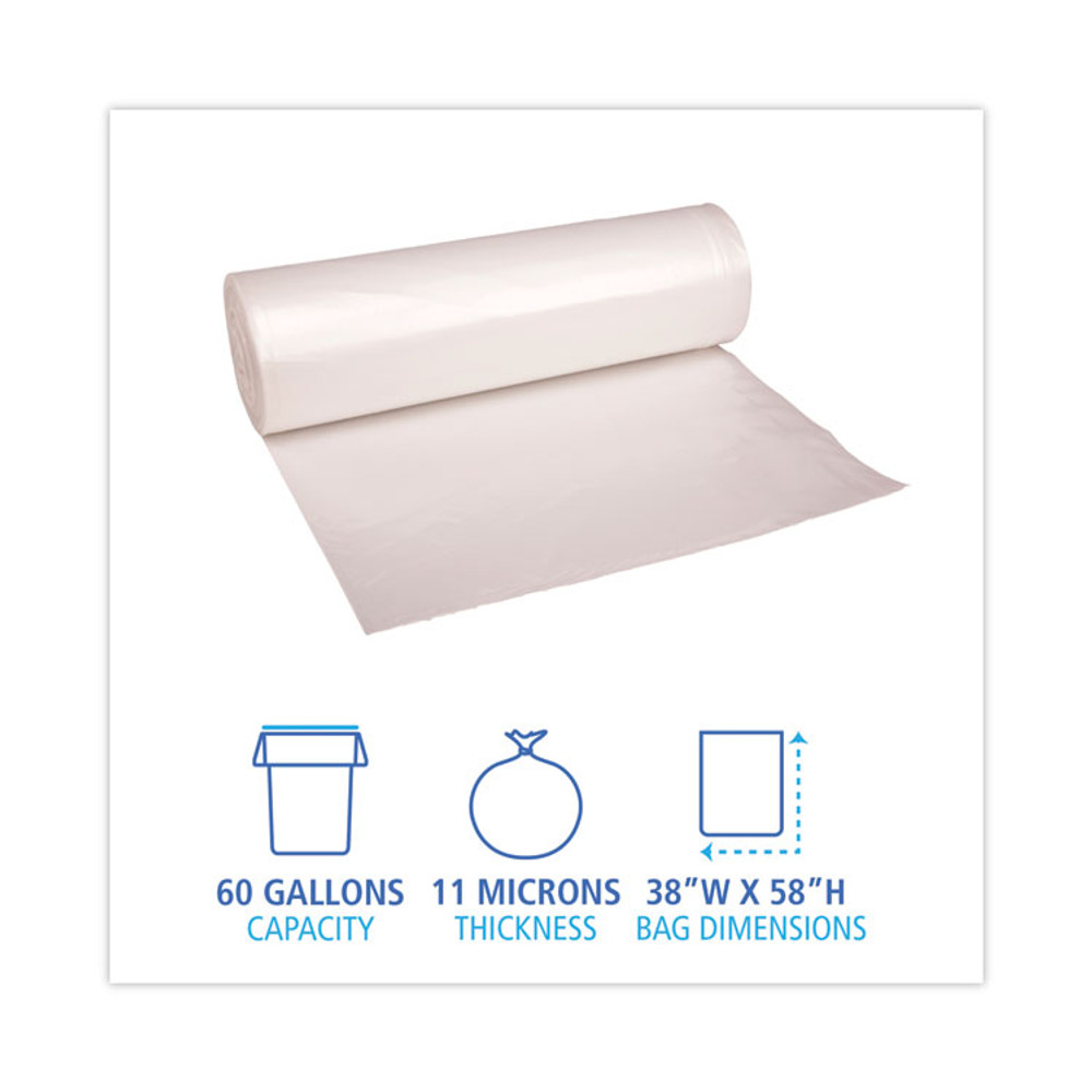BOARDWALK 385814 High-Density Can Liners, 60 gal, 11 mic, 38" x 58", Natural, Perforated Roll, 25 Bags/Roll, 8 Rolls/Carton
