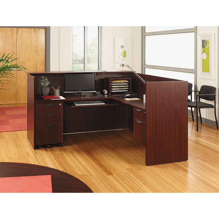 ALERA VA327236MY Alera Valencia Series Reception Desk with Transaction Counter, 71" x 35.5" x 29.5" to 42.5", Mahogany