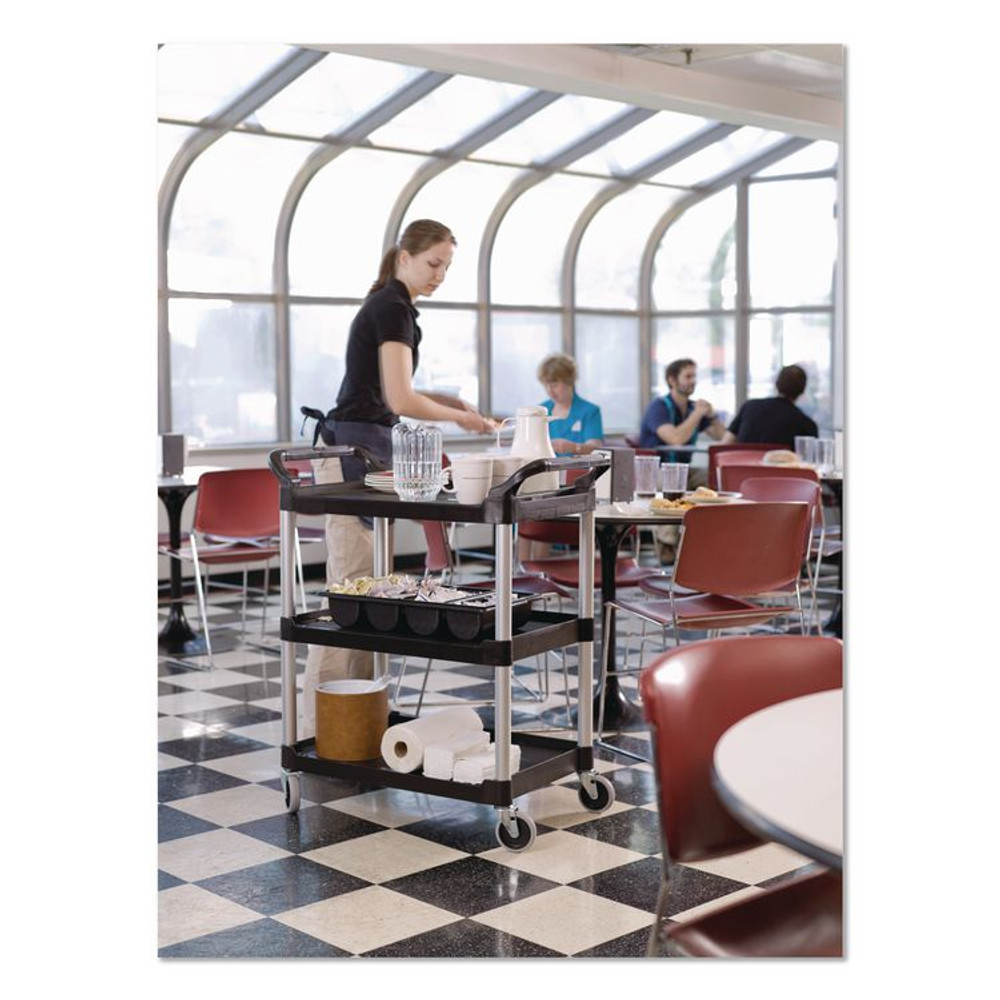 RUBBERMAID COMMERCIAL PROD. 3424-88 BLA Three-Shelf Service Cart, Plastic, 3 Shelves, 200 lb Capacity, 18.63" x 33.63" x 37.75", Black