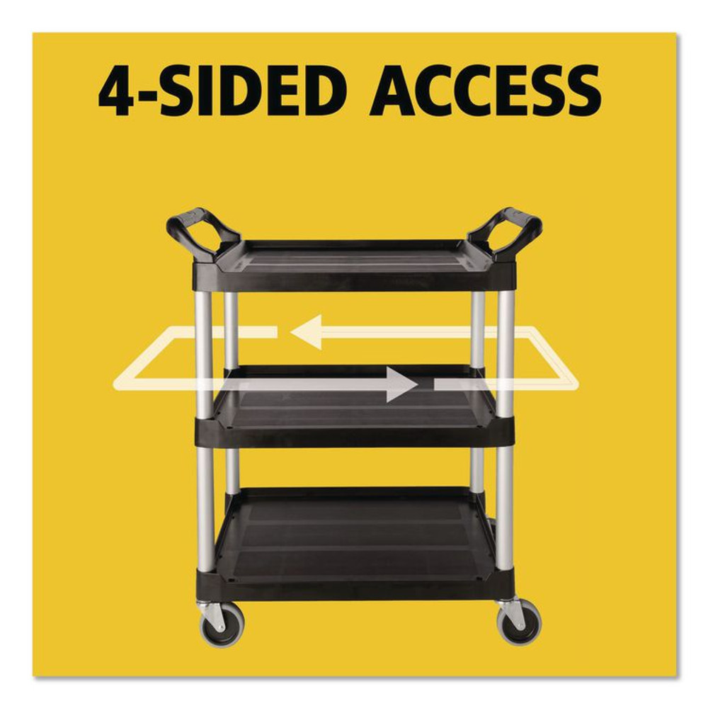 RUBBERMAID COMMERCIAL PROD. 3424-88 BLA Three-Shelf Service Cart, Plastic, 3 Shelves, 200 lb Capacity, 18.63" x 33.63" x 37.75", Black