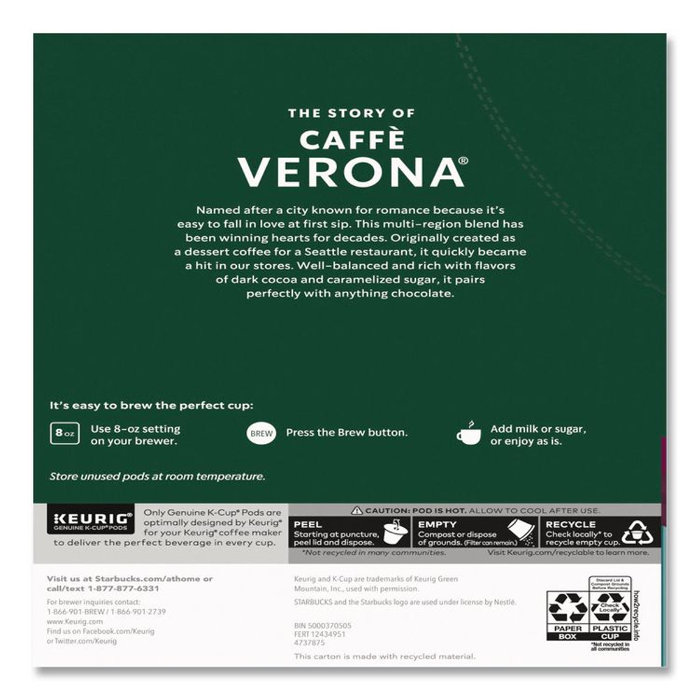 STARBUCKS COFFEE COMPANY 011111160CT Caffe Verona Coffee K-Cups Pack, 24/Box, 4 Boxes/Carton