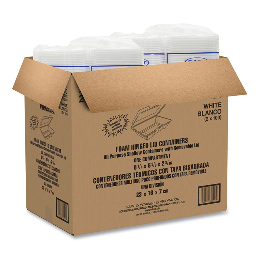 DART 206HT1R Foam Hinged Lid Containers, 6.4 x 9.3 x 2.6, White, 200/Carton