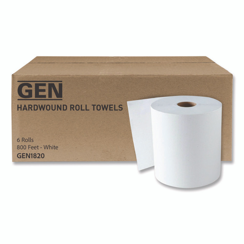 GEN 1820 Hardwound Roll Towels, 1-Ply, 8" x 800 ft, White, 6 Rolls/Carton