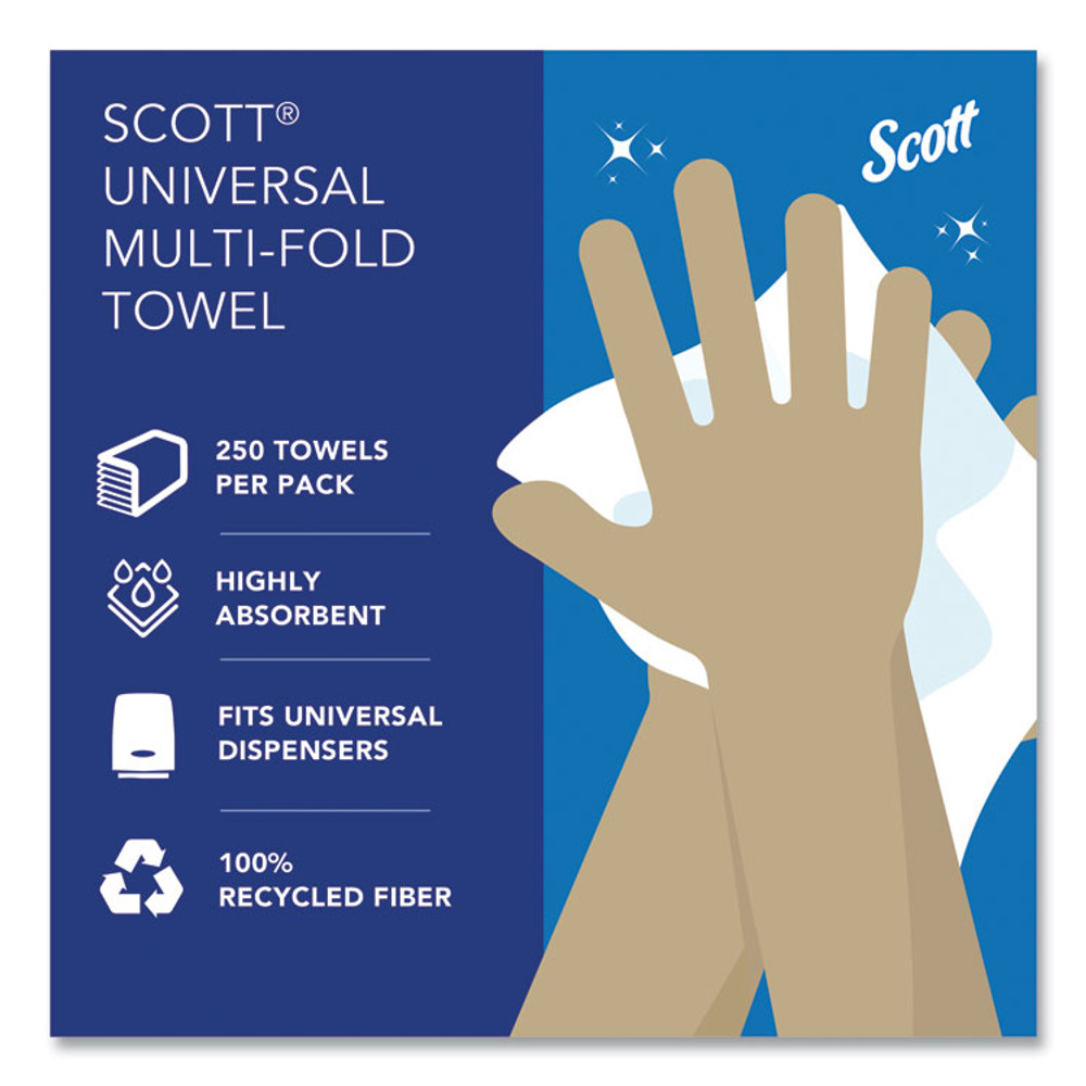 KIMBERLY CLARK Scott® 01807 Essential Multi-Fold Towels 100% Recycled, 1-Ply, 9.2 x 9.4, White, 250/Pack, 16 Packs/Carton