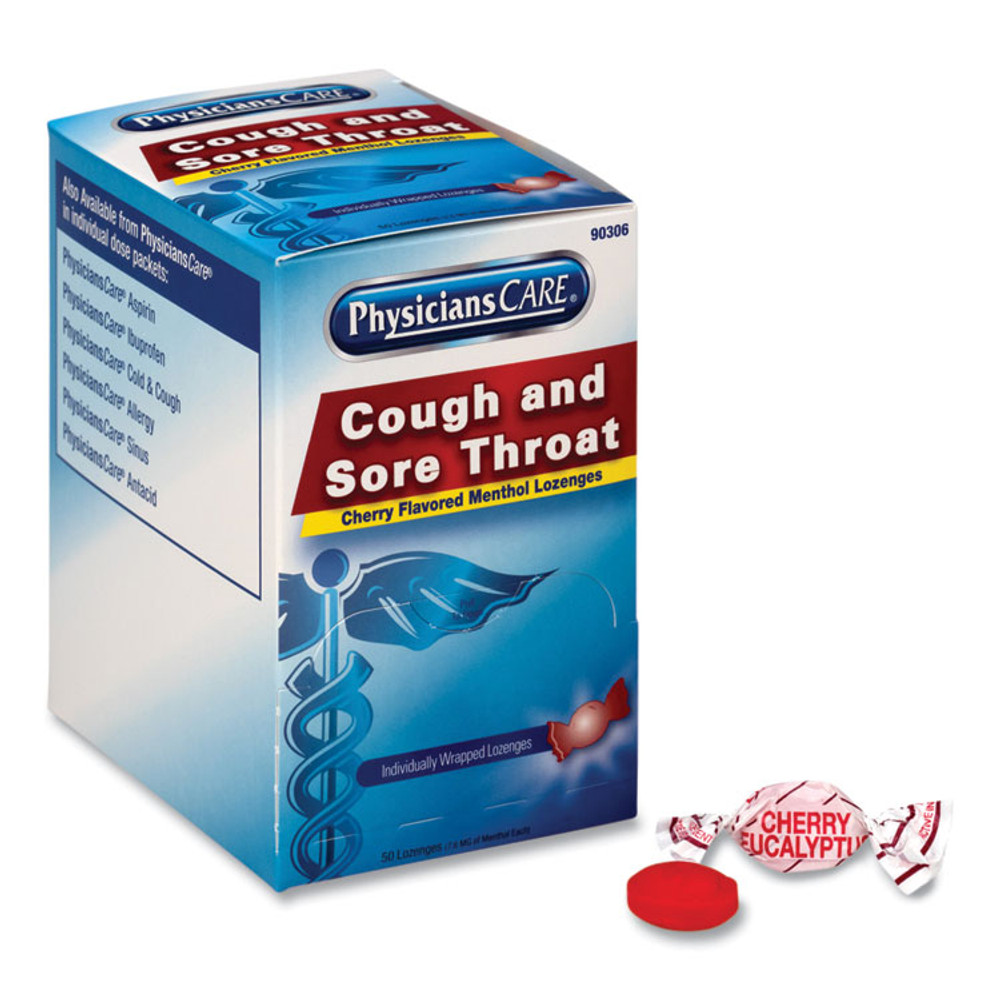 ACME UNITED CORPORATION PhysiciansCare® 90306 Cough and Sore Throat, Cherry Menthol Lozenges, Individually Wrapped, 50/Box