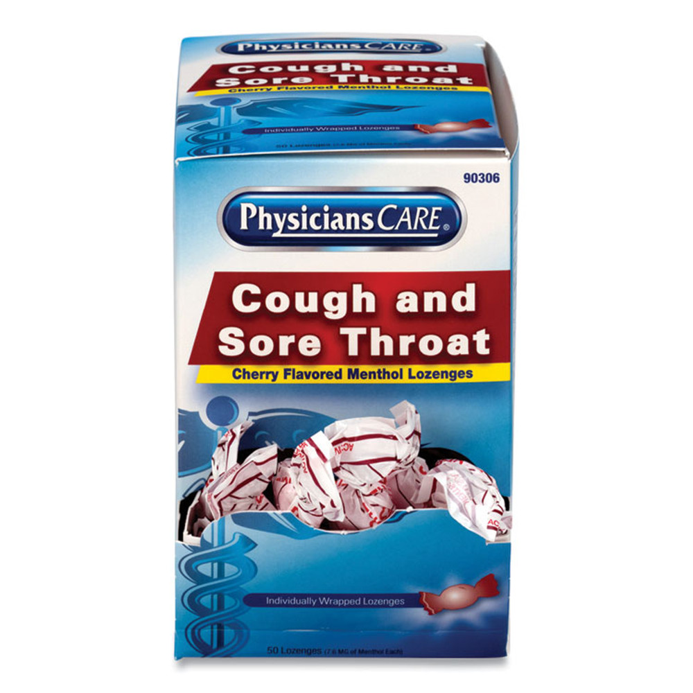 ACME UNITED CORPORATION PhysiciansCare® 90306 Cough and Sore Throat, Cherry Menthol Lozenges, Individually Wrapped, 50/Box