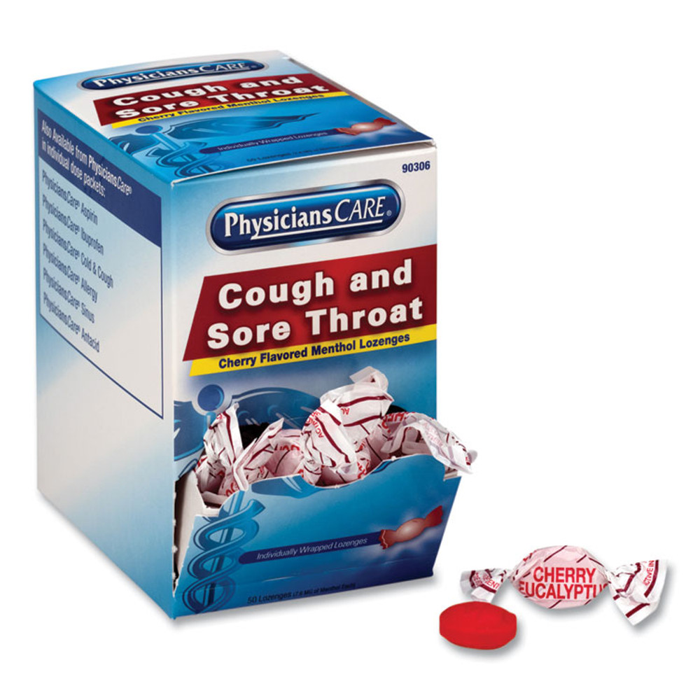 ACME UNITED CORPORATION PhysiciansCare® 90306 Cough and Sore Throat, Cherry Menthol Lozenges, Individually Wrapped, 50/Box