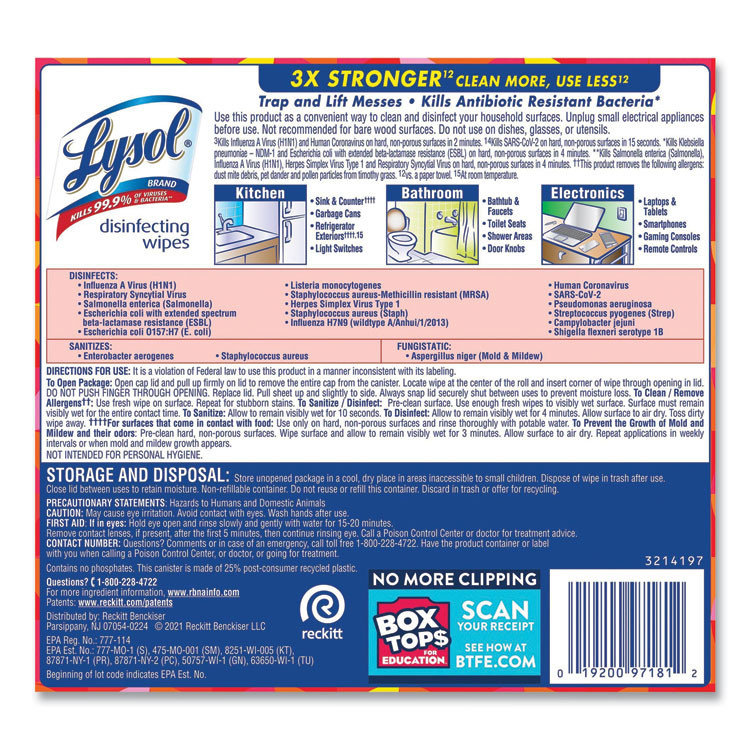 RECKITT BENCKISER LYSOL® Brand 97181 Disinfecting Wipes, 1-Ply, 7 x 7.25, Mango and Hibiscus, White, 80 Wipes/Canister, 6 Canisters/Carton