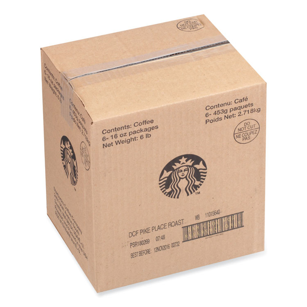 STARBUCKS COFFEE COMPANY 12540222CT Whole Bean Coffee, Decaffeinated, Pike Place, 1 lb, Bag, 6/Carton