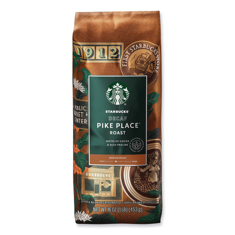 STARBUCKS COFFEE COMPANY 12540222CT Whole Bean Coffee, Decaffeinated, Pike Place, 1 lb, Bag, 6/Carton