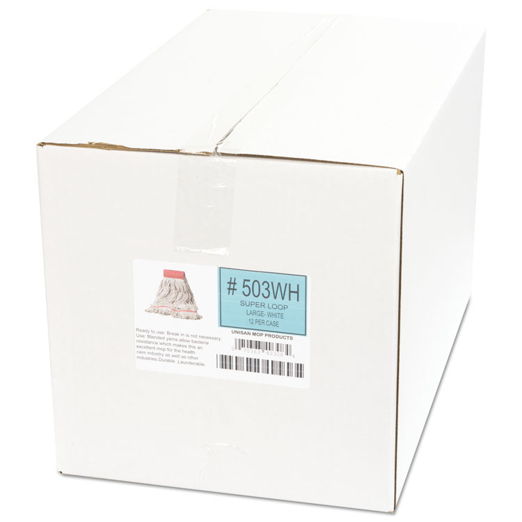 BOARDWALK 503WHCT Super Loop Wet Mop Head, Cotton/Synthetic Fiber, 5" Headband, Large Size, White, 12/Carton