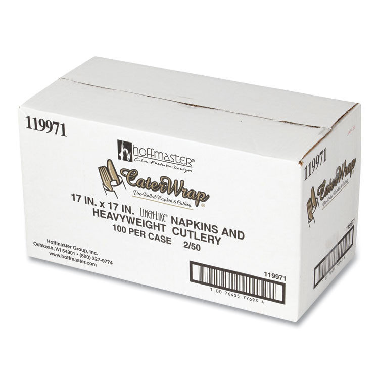 HOFFMASTER 119971 CaterWrap Heavyweight Cutlery Combo Kit, Fork/Knife/Napkin/Spoon, Plastic, Black, 100/Carton