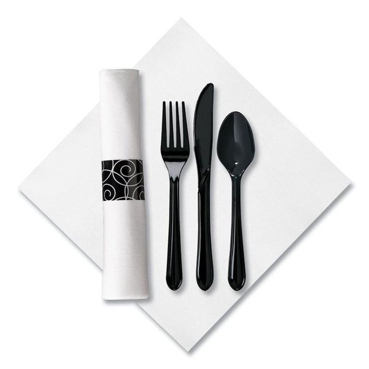 HOFFMASTER 119971 CaterWrap Heavyweight Cutlery Combo Kit, Fork/Knife/Napkin/Spoon, Plastic, Black, 100/Carton