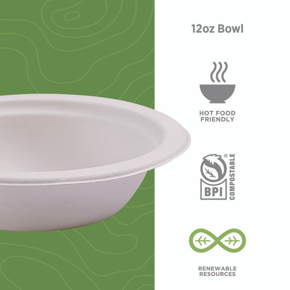 ECO-PRODUCTS,INC. EP-BL12 Renewable Sugarcane Bowls, 12 oz, Natural White, 50/Pack, 20 Packs/Carton