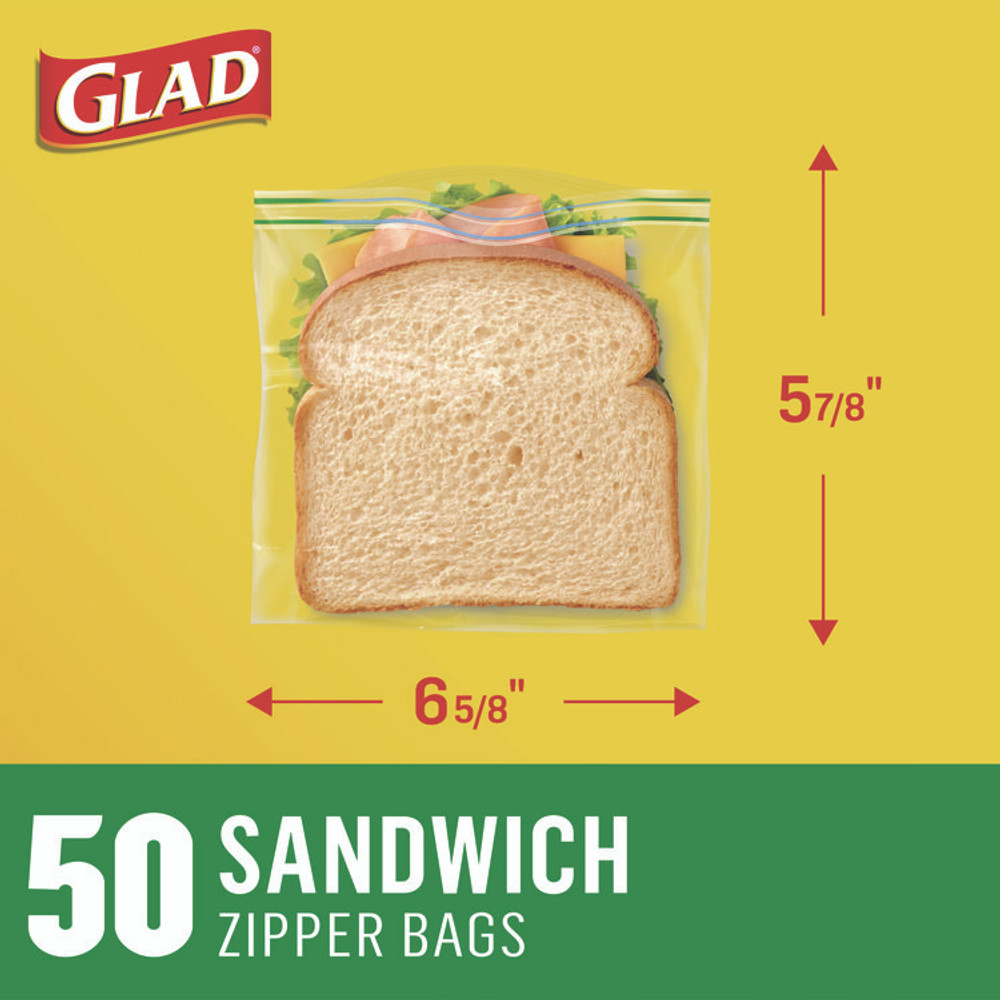 CLOROX SALES CO. Glad® 57263 Zipper Food Storage Sandwich Bags, 6.63 x 9.88 x 8, Clear, 50 Bags/Box, 12 Boxes/Carton