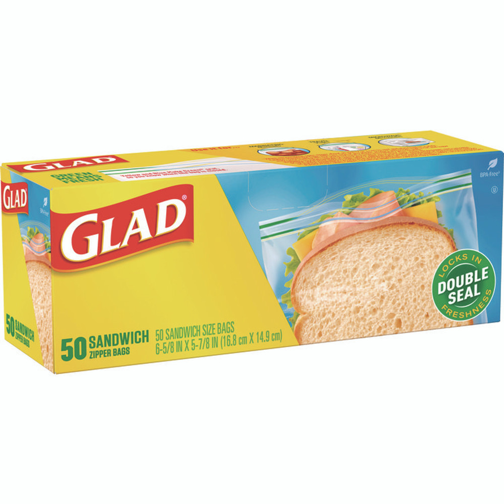 CLOROX SALES CO. Glad® 57263 Zipper Food Storage Sandwich Bags, 6.63 x 9.88 x 8, Clear, 50 Bags/Box, 12 Boxes/Carton