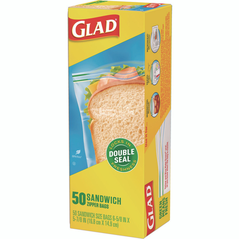 CLOROX SALES CO. Glad® 57263 Zipper Food Storage Sandwich Bags, 6.63 x 9.88 x 8, Clear, 50 Bags/Box, 12 Boxes/Carton