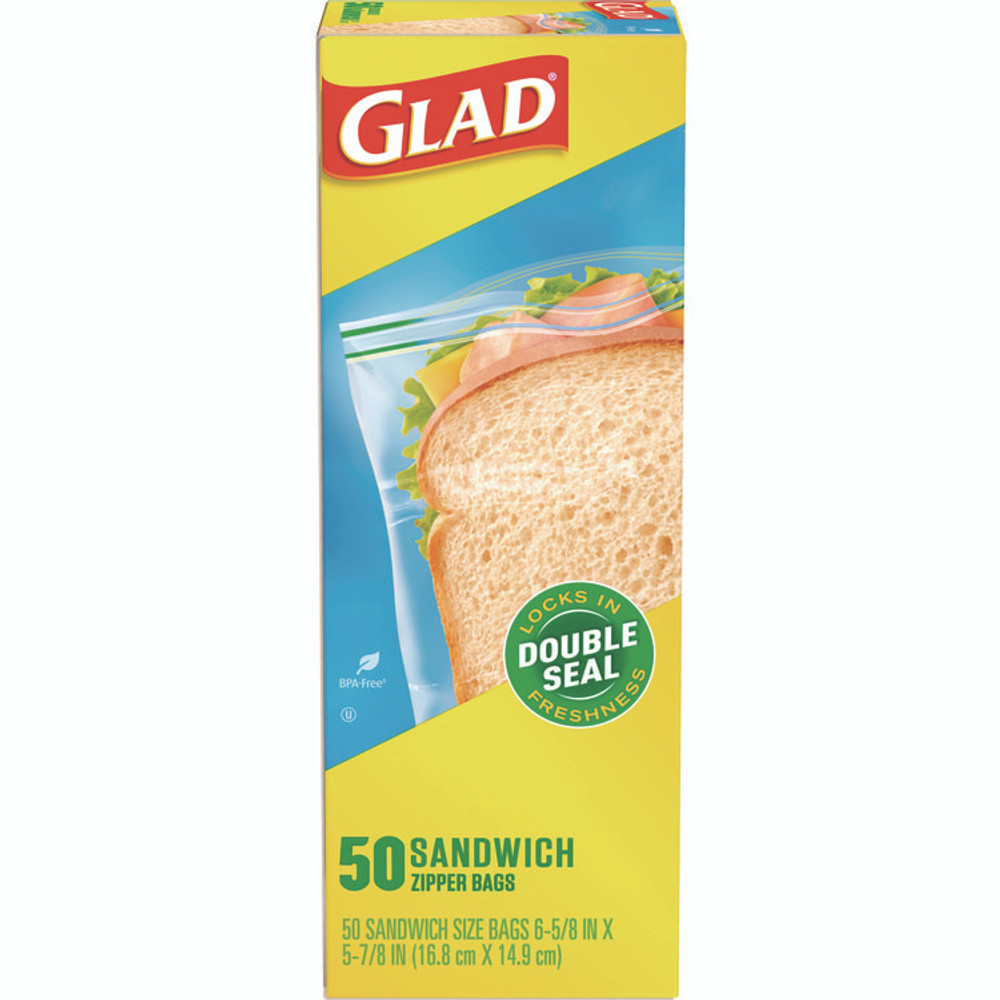 CLOROX SALES CO. Glad® 57263 Zipper Food Storage Sandwich Bags, 6.63 x 9.88 x 8, Clear, 50 Bags/Box, 12 Boxes/Carton