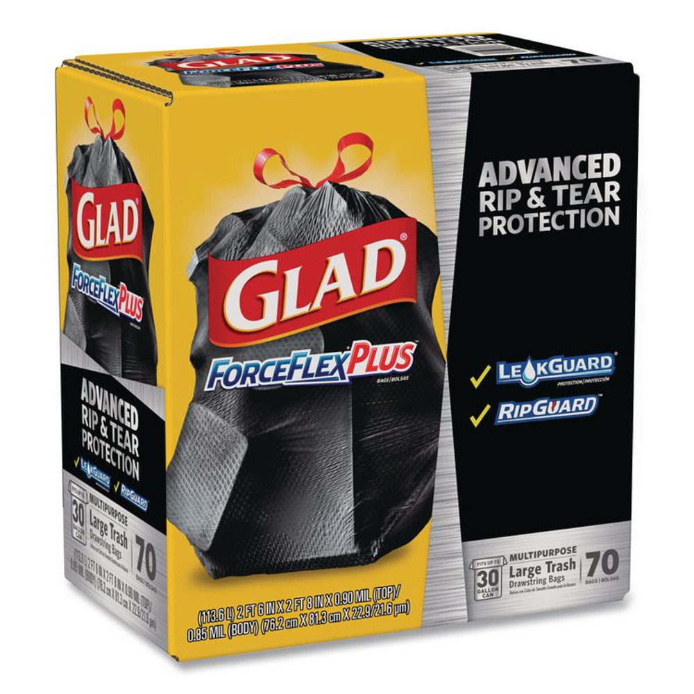 CLOROX SALES CO. Glad® 70358 ForceFlexPlus Drawstring Large Trash Bags, 30 gal, 1.05 mil, 30" x 32", Black, 70/Box