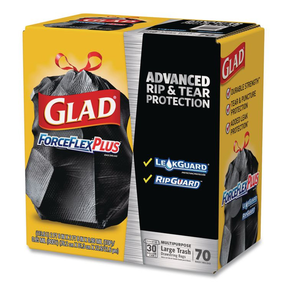 CLOROX SALES CO. Glad® 70358 ForceFlexPlus Drawstring Large Trash Bags, 30 gal, 1.05 mil, 30" x 32", Black, 70/Box