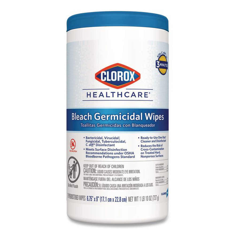 CLOROX SALES CO. Healthcare® 35309 Bleach Germicidal Wipes, 1-Ply, 6.75 x 9, Unscented, White, 70/Canister