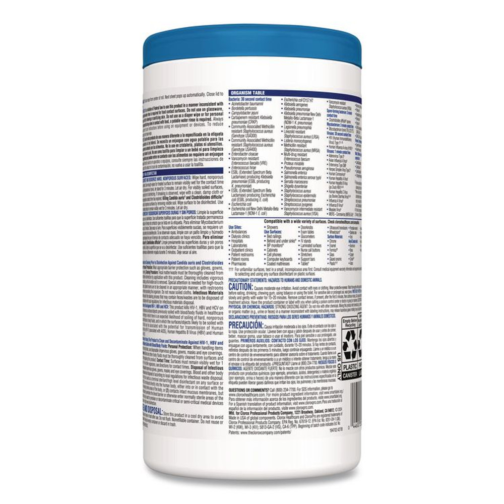 CLOROX SALES CO. Healthcare® 35309 Bleach Germicidal Wipes, 1-Ply, 6.75 x 9, Unscented, White, 70/Canister