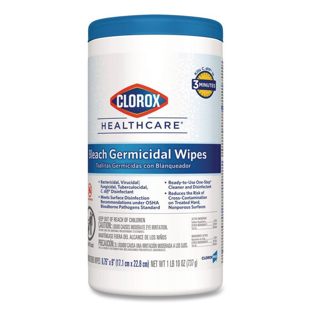 CLOROX SALES CO. Healthcare® 35309 Bleach Germicidal Wipes, 1-Ply, 6.75 x 9, Unscented, White, 70/Canister