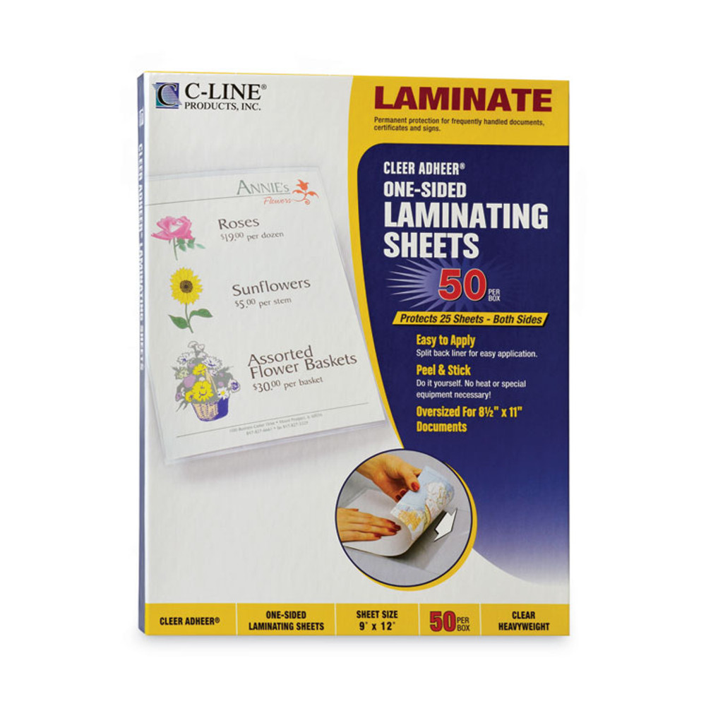 C-LINE PRODUCTS, INC 65001 Cleer Adheer Self-Adhesive Laminating Film, 2 mil, 9" x 12", Gloss Clear, 50/Box