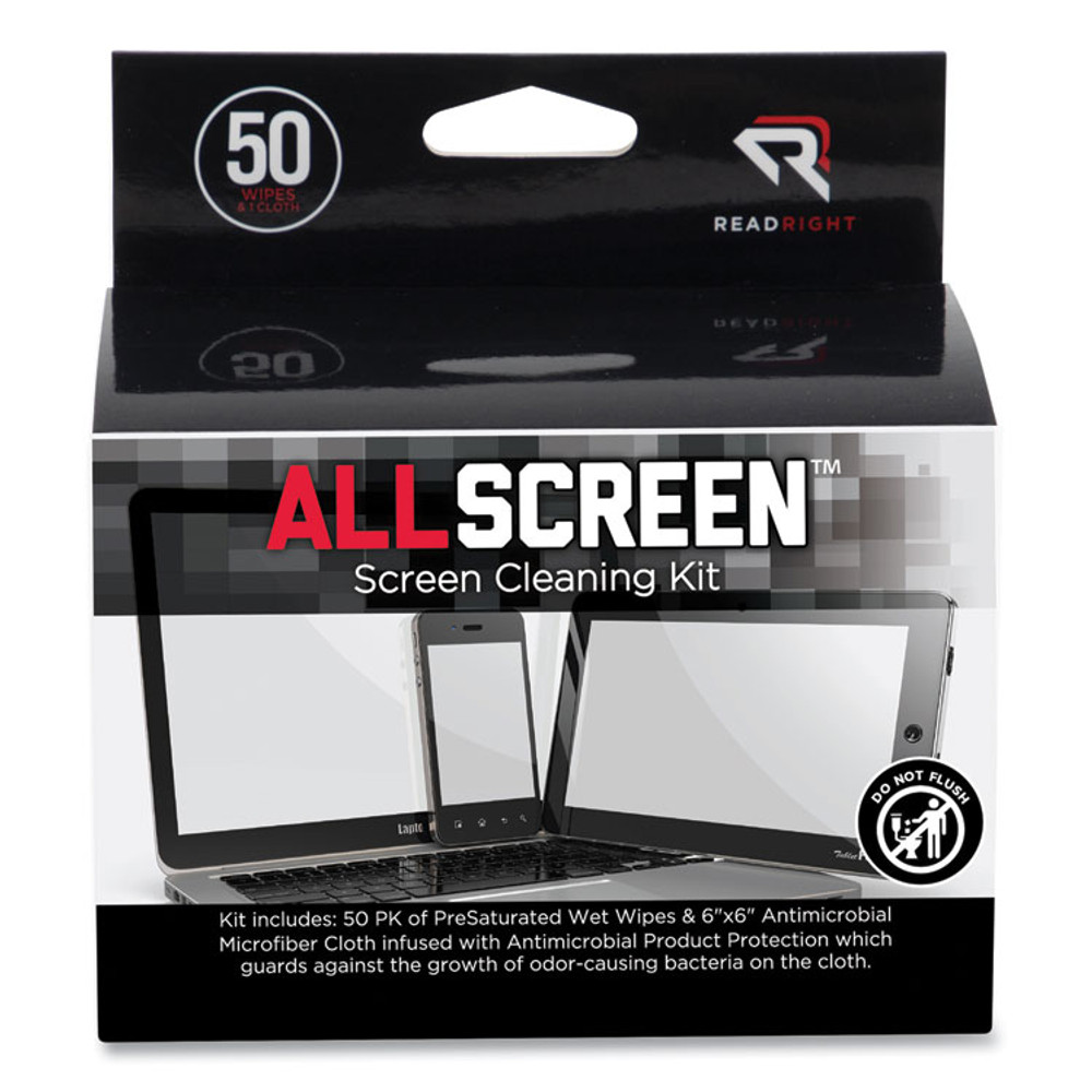 READ/RIGHT RR15039 AllScreen Cleaning Kit with (1) 6 x 6 Microfiber Cloth, (50) 4 x 5 Individually Wrapped Pre-Saturated Wipes, Unscented, White