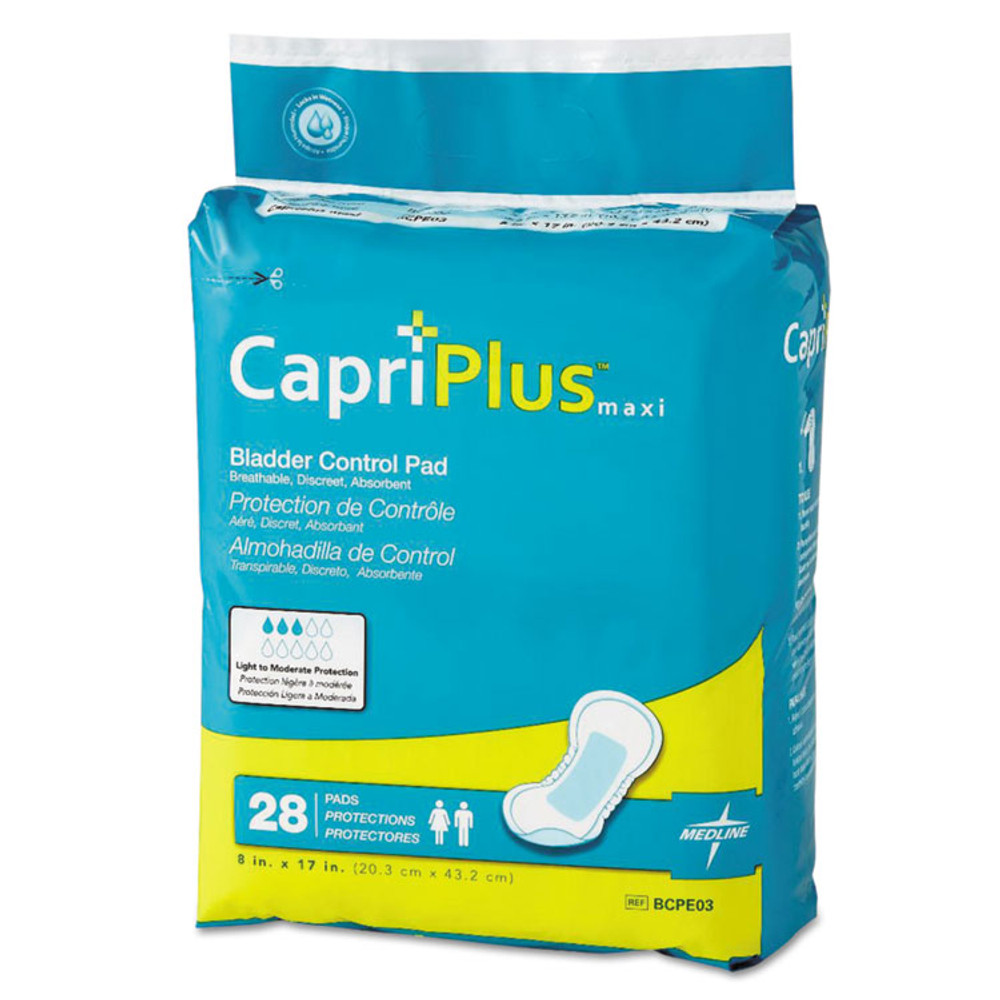 MEDLINE INDUSTRIES, INC. BCPE03CT Capri Plus Bladder Control Pads, Ultra Plus, 8" x 17", 28/Pack, 6/Carton