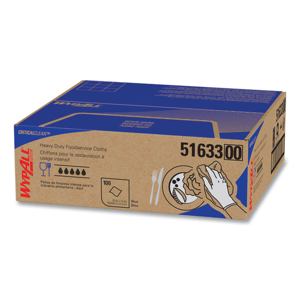 KIMBERLY-CLARK PROFESSIONAL WypAll® 51633 Heavy-Duty Foodservice Cloths, 12.5 x 23.5, Blue, 100/Carton