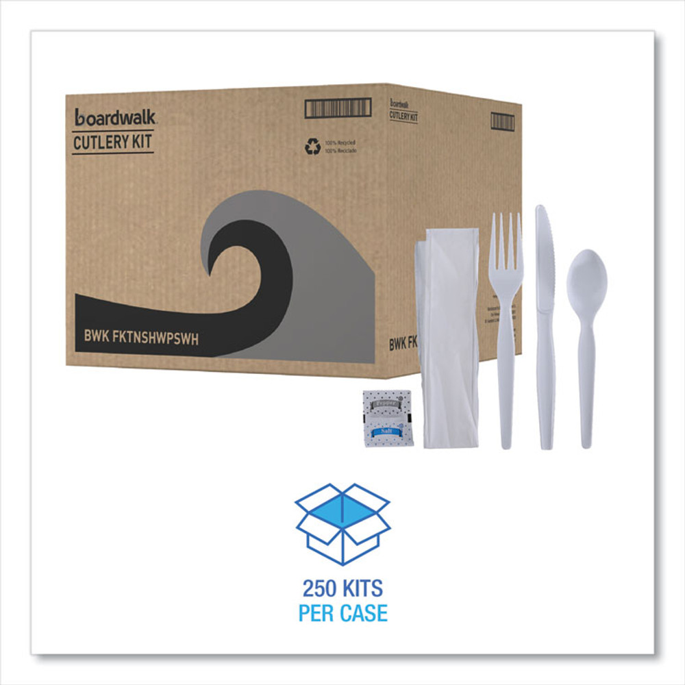 BOARDWALK FKTNSHWPSWH Six-Piece Cutlery Kit, Heavyweight, Fork/Knife/Napkin/Pepper/Salt/Spoon, Plastic, White, 250/Carton