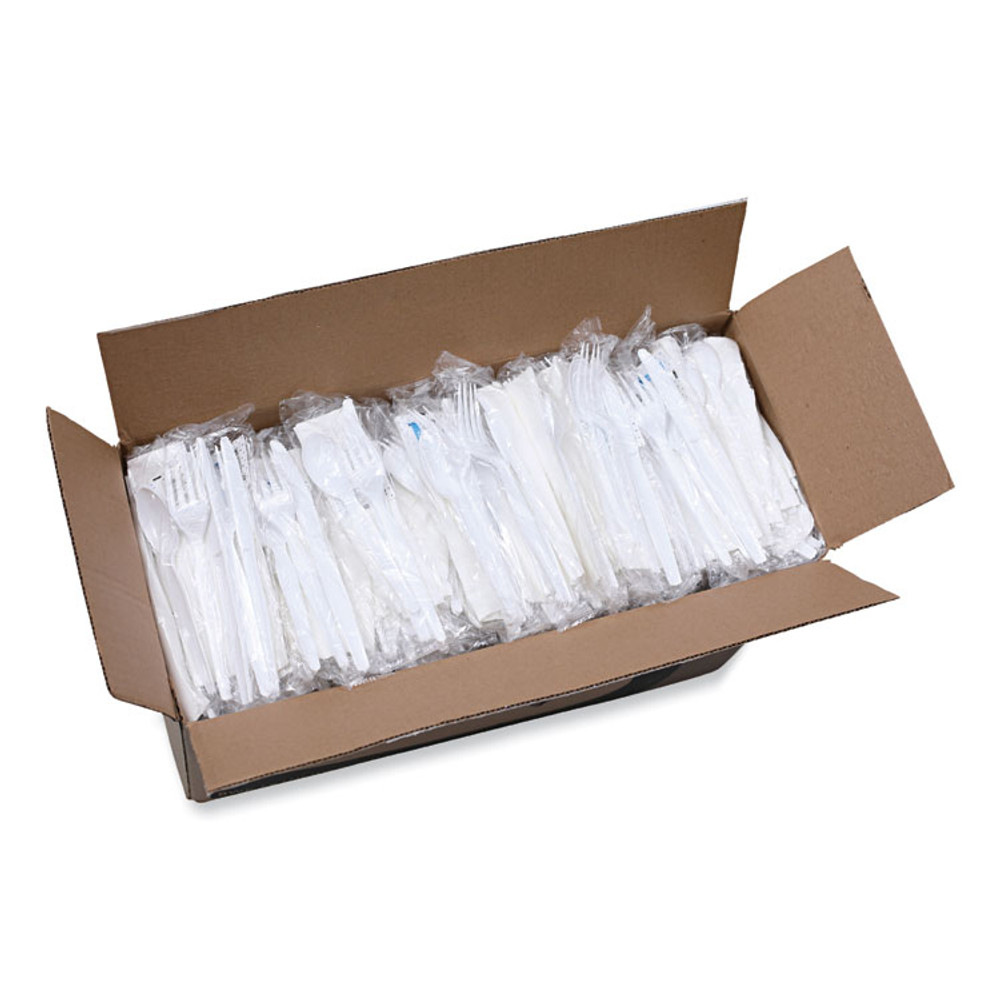 BOARDWALK FKTNSHWPSWH Six-Piece Cutlery Kit, Heavyweight, Fork/Knife/Napkin/Pepper/Salt/Spoon, Plastic, White, 250/Carton