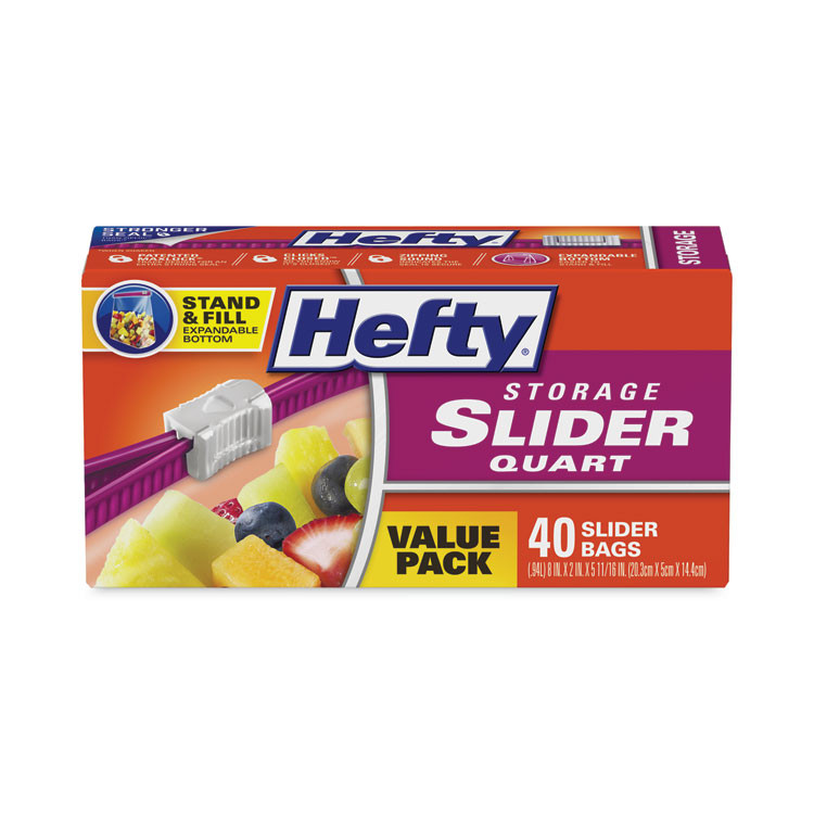 REYNOLDS FOOD PACKAGING Hefty® R88075 Slider Stand and Fill Food Storage Bags, Quart, 8" x 7", Clear, 40/Box