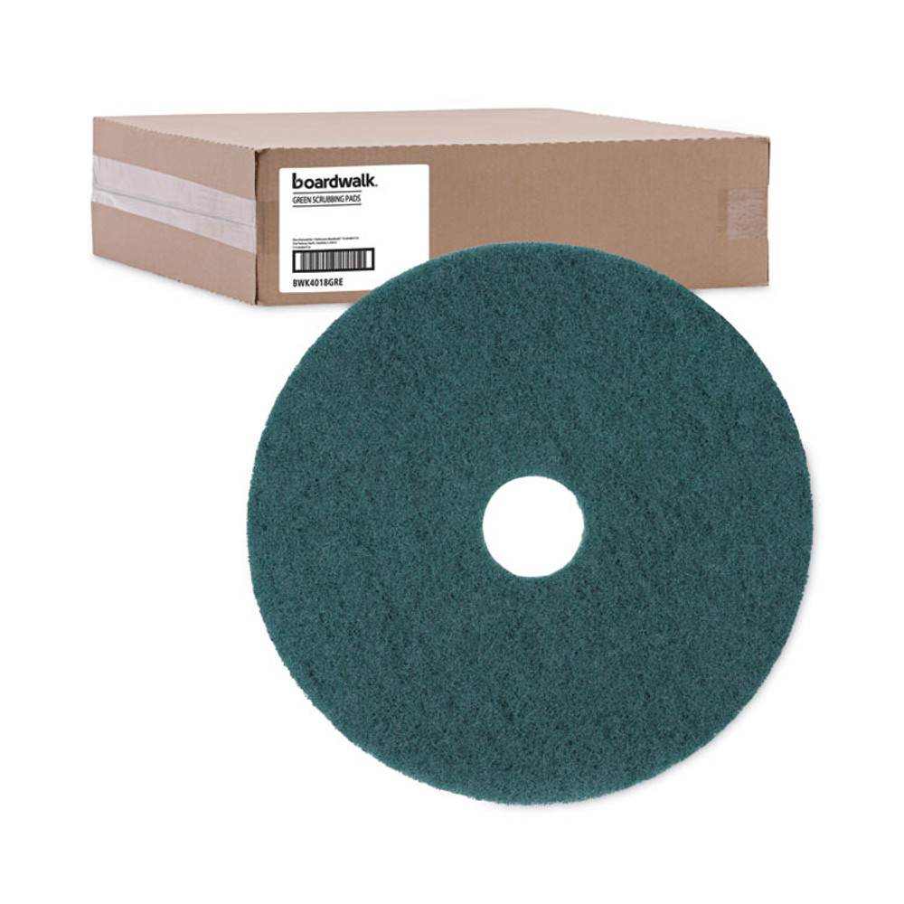 BOARDWALK 4018 GRE Heavy-Duty Scrubbing Floor Pads, 18" Diameter, Green, 5/Carton